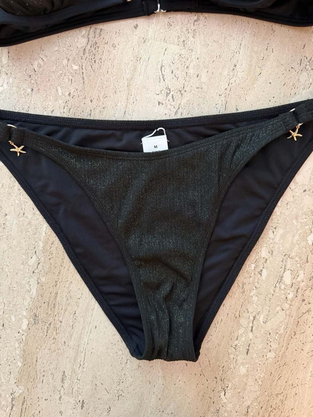 Cupshe Black Shimmer Lurex Triangle Bikini Set with Starfish Accents - Picture 3 of 4